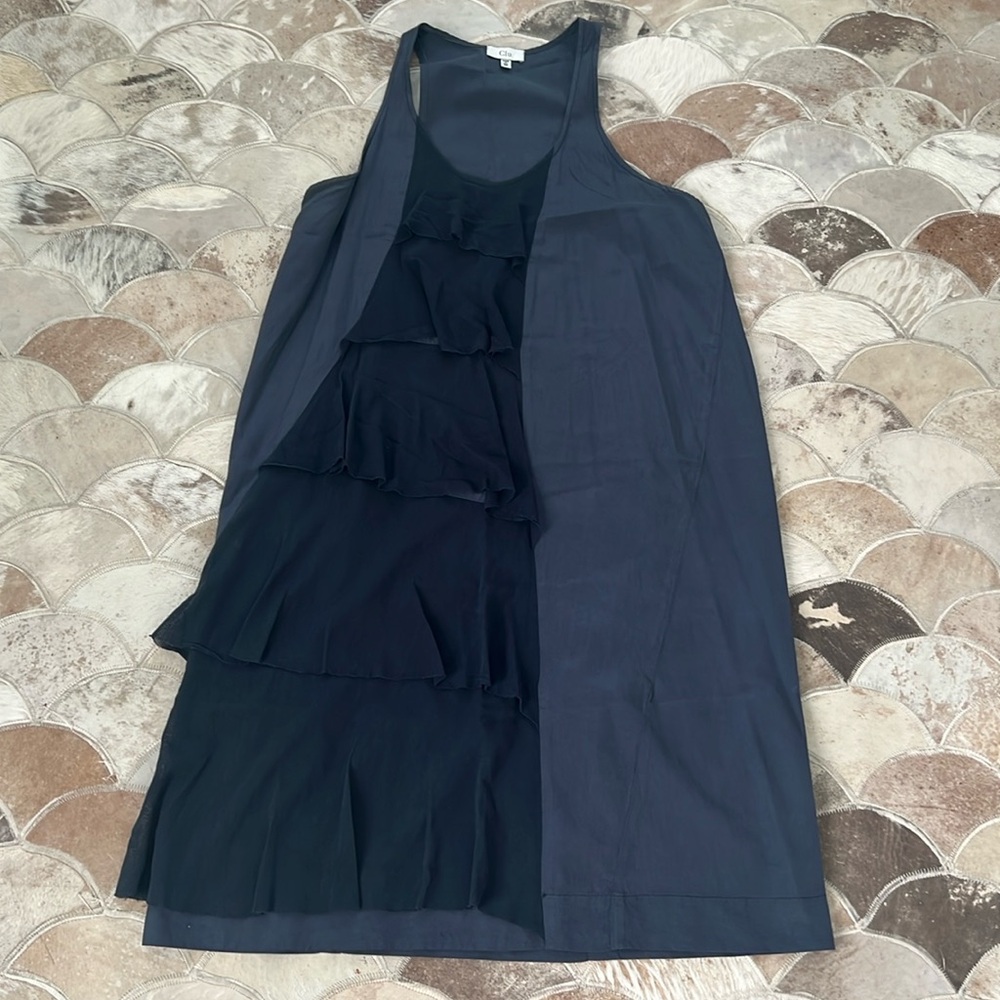 Clu Silk/Cotton Asymmetrical Ruffle Racerback Tank Dress Dark Blue Size Medium